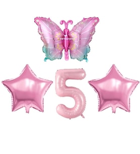 Pembe Kelebekli 5 Yaş Folyo Balon Set