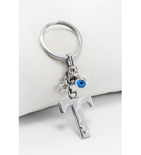 Çerçeveli Nazarlı Yıldızlı Gümüş Renkli Metal T Harfi Anahtarlık / Hediyelik Çanta Süsü (Standart)