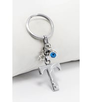 Çerçeveli Nazarlı Yıldızlı Gümüş Renkli Metal T Harfi Anahtarlık / Hediyelik Çanta Süsü (Standart)