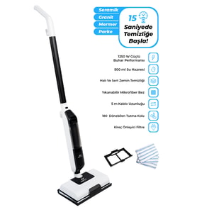 CB-702 Buharlı Mop  1250W Güç  180° Dönebilen Başlık  Halı ve Sert Zemin Temizleyici