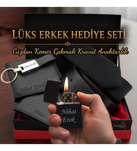 İsme Özel Premium Tasarım Erkek Hediye Seti - Hakiki Deri Cüzdan Kartlık Kemer Kravat Anahtarlık Metal Çakmak - Babaya Arkadaşa Eşe Sevgiliye Lüks Hediye