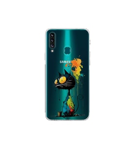 Samsung Galaxy A20S ile Uyumlu Splash Kedi Tasarımlı Şeffaf Silikon Kılıf