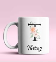 Kişiye Özel T Harfi Temalı Gül Tasarım Beyaz Renk Kupa