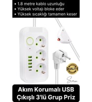 Premium Yeni Nesil Akım Korumalı 3'lü Grup Priz Uzatma 4 USB Çıkışlı Bağlantılı Fiş 3000 Watt