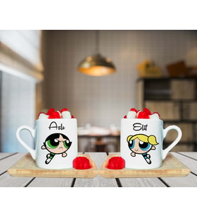 Power Puff Bubbless & Buttercup Arkadaş  Tasarımlı Çift Ahşap Tabaklı Kişiye Özel Türk Kahvesi Fincanı Seti