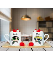 Power Puff Bubbless & Buttercup Arkadaş  Tasarımlı Çift Ahşap Tabaklı Kişiye Özel Türk Kahvesi Fincanı Seti