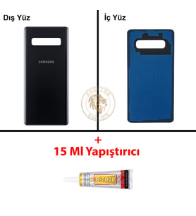 Samsung Galaxy S10 Plus Siyah Renk Arka Kapak + B7000 Yapıştırıcı Arka Cam Batarya Kapağı Pil Kapağı Lazer Kesim Back Cover Galaxy S10 Plus Uyumlu