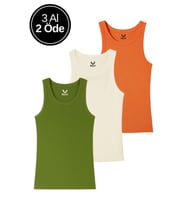 Kadın 3'lü Paket Turuncu-Krem-Yeşil Sıfır Kol Kaşkorse Body - Bisiklet Yaka %100 Pamuk Atlet Bluz