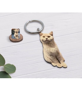 BK Gift Kişiye Özel Evcil Dost Kedi Ahşap Anahtarlık (Beyaz)
