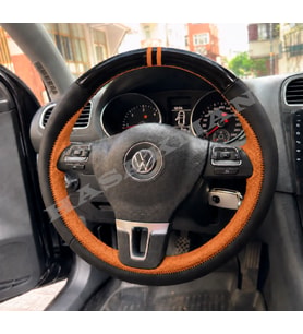 Vw Golf 6 Dikme Direksiyon Kılıfı Parlak Siyah Taba Detaylı Taba Çift Yüzük ve Dikiş 2008-2012