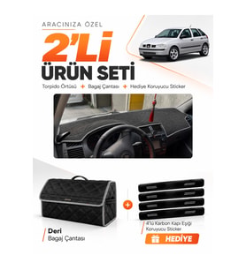 e-biz SEAT IBIZA (1998-2001) Uyumlu Torpido Örtüsü + Deri Bagaj Çantası Seti - Siyah-Gri - SE002
