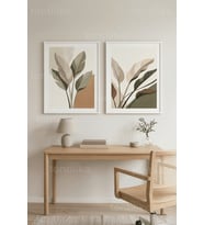 Minimalist Botanik Yaprak Desenli 2’li Ahşap Çerçeveli Tablo Seti