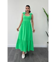 Keten Kumaş Omuzu Fiyonk Detaylı Elbise - Fıstık Yeşili (Fistik Yeşil)