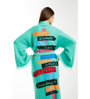 Müslin Kimono %100 Pamuklu Karayip Adaları Baskılı Bornoz Kaftan Sabahlık (Mint Yeşili)