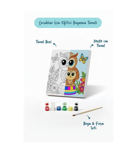 Sevimli Baykuş Temalı Çocuk Boyama Tuvali – Şövalesiz Eğitici Boyama Seti 20x20 cm