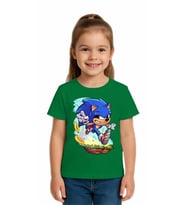 Unisex Sonic Baskılı Çocuk Tişört pamuklu penye kumaş (Yeşil)