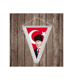 Ay Yıldız Kalpaklı Atatürk Portresi Beyaz Saçaklı Üçgen Flama Bayrak Hatıra Flama ATA43