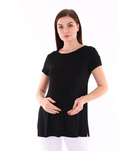 Hamile Yanları Yırtmaçlı Yumuşak Esnek Kumaş T-shirt (Siyah)