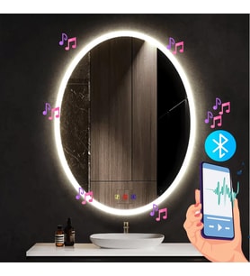 60x80(h) cm Bluetoothlu Buğu Çözücülü Dokunmatik Işıklı Kumlamalı Elips Banyo Aynası