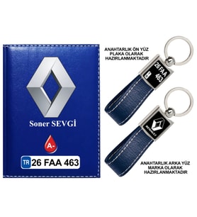 Plakanıza Özel Renault Logolu Lacivert Ruhsat Kabı ve Anahtarlık