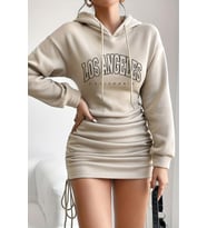 Merry See Kapşonlu Yandan Büzgülü Ayarlı Baskılı Uzun Oversize Sweatshirt Elbise (Bej)