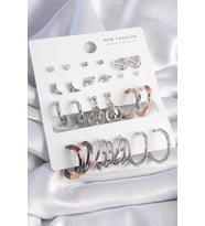 Pirinç Gümüş Renk Zirkon Taş Detaylı 12 Çift Kadın Küpe 5886 - SSSSSS3464-2135