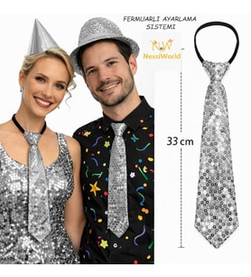 Gümüş Renk Pul Payetli Işıltılı Parti Kravatı 33 cm