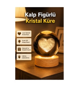 Kalp Figürlü Kristal Cam Küre – USB Işıklı Ahşap Tabanlı Dekoratif Obje