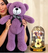 Kişiye Özel 3 Fotoğraflı Yazılı LED Işıklı Fanus ve Büyük Mor Peluş Ayıcık (peluş ayıcıklı)