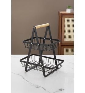 2 Katlı Siyah Metal Sepet Meyvelik Ahşap Saplı Organizer Katlı Mutfak Sunum Standı