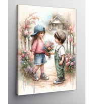 Kanvas Tablo Kız Arkadaşına Çiçek Veren Çocuk