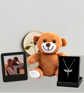 Kişiye Özel 25cm Peluş Ayıcık Ve Fotoğraflı Siyah Çerçeve Ve Melek  Kolye