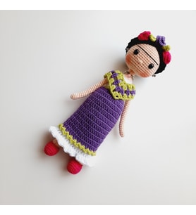 Elchandmade Amigurumi Örgü Mor Elbiseli Frida Kahlo Bebek