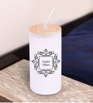 BK Gift İsimli Beyaz Renk Pipetli Buzlu Cam Bardak 600ml - 1, Arkadaşa Hediye, Doğum Günü Hediyesi