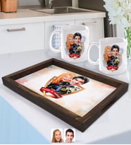 BK Gift Kişiye Özel İsimli Sevgililer Karikatürlü Doğal Ahşap Tepsi ve 2’li Kupa Bardak Seti-17