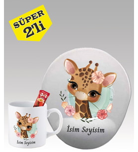 Kişiye Özel Mouse Pad ve Kupa Bardak Seti Sevimli Zürafa Desenli