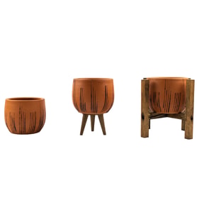 Bitki Tasarımı Siyah Çizgi Desenli Terakota Toprak Saksı Saksılık Salon Çiçeklik Üçlü Set 12 Cm