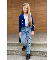 Kız Çocuk Gümüş Düğme Detaylı Lacivert Blazer Ceket Kalp Detaylı Jean Pantolon A