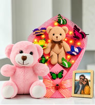 Kişiye Özel Fotoğraflı LED Işıklı Kahve Peluş Ayıcık Buketi ve Pembe Peluş Ayıcık Kadına Hediye Arkadaşa Hediye