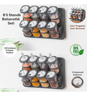 Porsima 1117 Standlı Kaydırmalı Kaşıklı 360° Döner Kapaklı Etiketli Baharatlık Seti - Erzak Saklama Kabı Antrasit