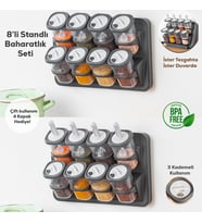 Porsima 1117 Standlı Kaydırmalı Kaşıklı 360° Döner Kapaklı Etiketli Baharatlık Seti - Erzak Saklama Kabı Antrasit