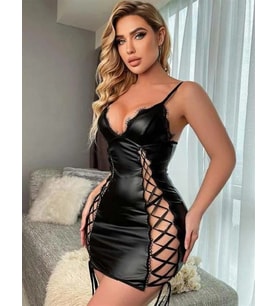 Amora Secret Siyah Fantezi İp Detaylı Deri Şık Elbise