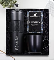 Kişiye Özel 450 ML Siyah French Press Çelik Termos & Alerya Premıum Filtre Kahve & Siyah Mat Kupa Hediye Seti