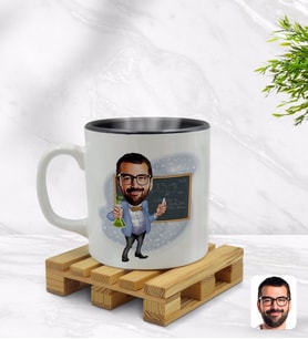 BK Gift Kişiye Özel Erkek Kimya Öğretmeni Karikatürlü İçi Siyah Renkli Kupa Bardak Model 1