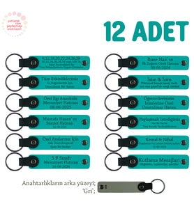 Arkadaşlar Arasında Özel Hediyeleşme, 12'li Set, Kişisel Mesajlı Deri Anahtarlık, Koyu Turkuaz & Gri