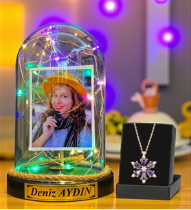 Kişiye Özel Renkli Led Işıklı Fanus ve Gerçek Ametist Taşlı Lotus Kolye