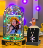 Kişiye Özel Renkli Led Işıklı Fanus ve Gerçek Ametist Taşlı Lotus Kolye