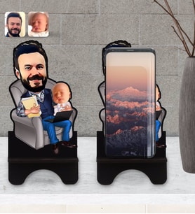 BK Gift Kişiye Özel Baba Oğul Karikatürlü Ahşap Biblo Telefon Standı-1