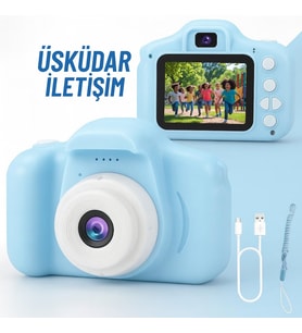 Çocuk Fotoğraf Makinesi – HD Ekranlı, Şarjlı, Hediye Kablo ve Askı Dahil Hediye Setli Mavi