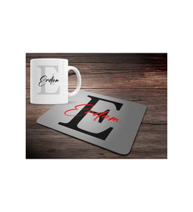 KİŞİYE ÖZEL E HARF BASKILI MOUSE PAD ve KUPA BARDAK SETİ